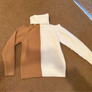 Two-Tone Ribbed Turtleneck Sweater